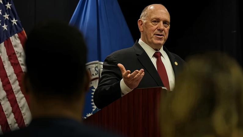 Tom Homan holds a news conference at the Bishop Whipple federal building on 4 February just south of Minneapolis.