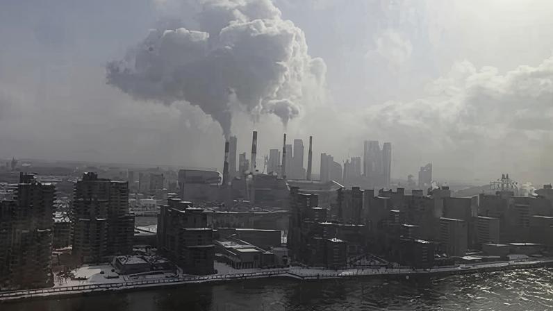 Steam rises from the Ravenswood Generating Station, New York City's largest power plant, in Queens.