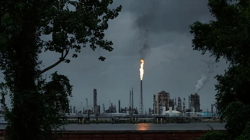 A gas flare from the Shell Chemical LP petroleum refinery illuminates the sky on 21 August 2019 in Norco, Louisiana.