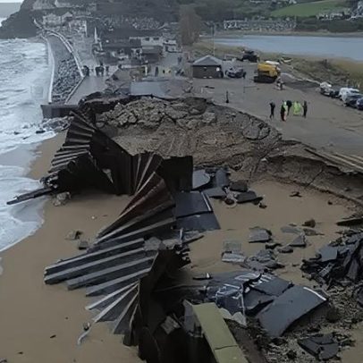 Estrada costeira atingida pela tempestade é levada pelas águas