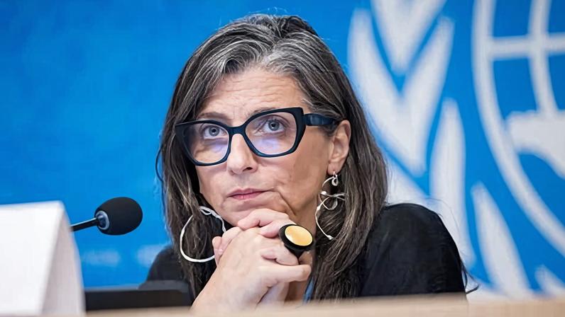 Francesca Albanese attends a press conference at the European headquarters of the UN in Geneva, Switzerland, on 15 September 2025.