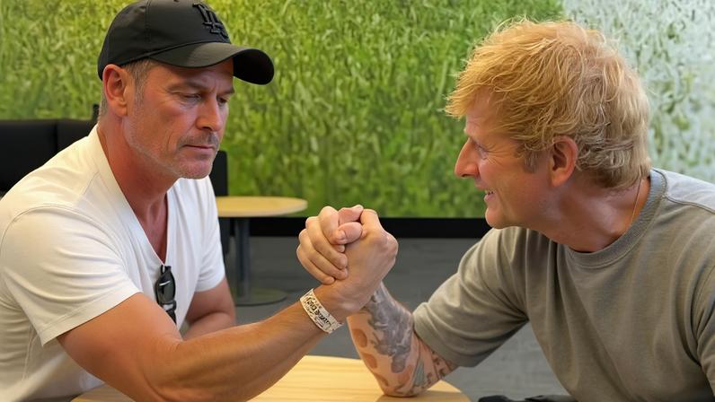 Chris Hemsworth e Ed Sheeran disputam queda de braço