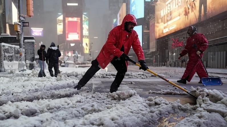 A worker with the Times Square Alliance sanitation crew shovels snow in Times Square in New York on Monday.