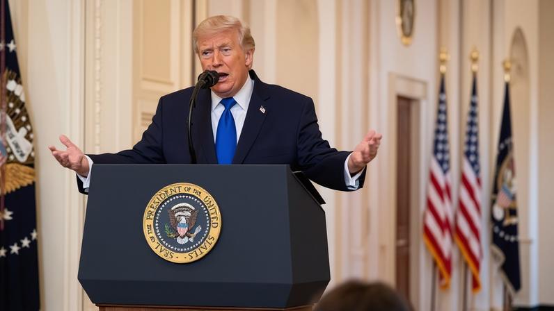 President Donald Trump speaks during the Angel Families Remembrance Ceremony in the East Room of the White House in Washington, DC on February 23, 2026