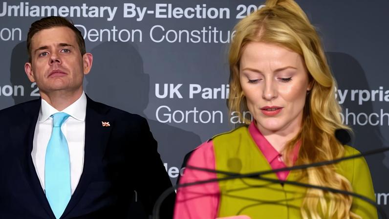 Reform UK candidate Matt Goodwin looks on as the Green party’s Hannah Spencer makes her acceptance speech after winning the Gorton and Denton by-election in Manchester.