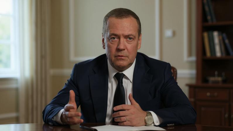 Deputy Chairman of the Russian Security Council Dmitry Medvedev attends an interview in the Moscow region