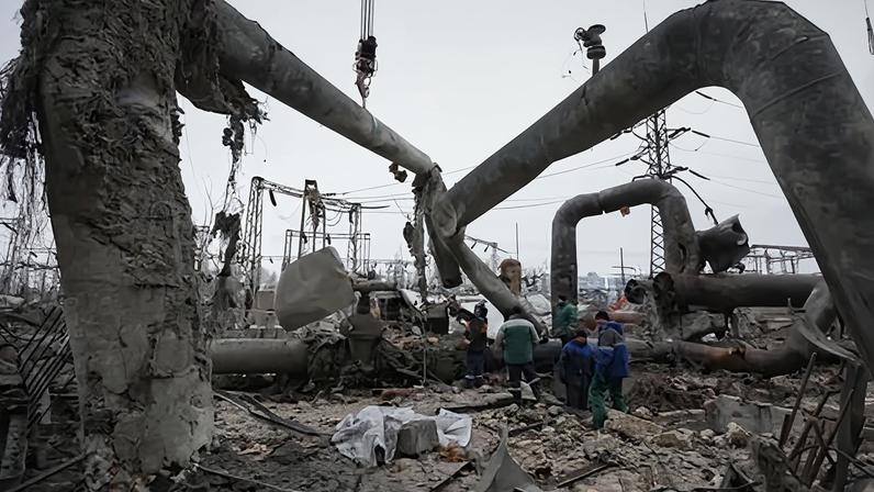 Damage to the Darnytsia thermal power plant in Kyiv after a Russian attack. Photograph: Sergei Grits/AP