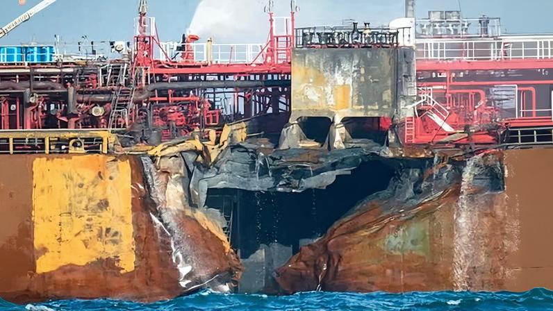 The damage caused to the tanker Stena Immaculate after being hit by Motin’s container ship, the Solong.