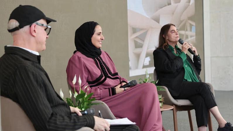 From left: Hans Ulrich Obrist, Sheikha Al Mayassa bint Hamad bin Khalifa Al Thani and Maja Hoffmann in conversation at Art Basel Qatar