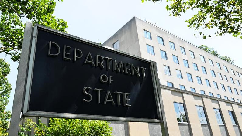 A general view of a U.S. State Department sign outside the U.S. State Department building in Washington, D.C., U.S., July 11, 2025. REUTERS/Annabelle Gordon/File Photo