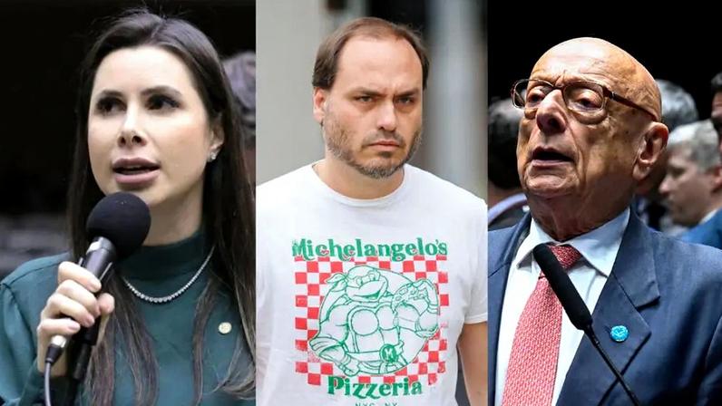 Caroline De Toni, Carlos Bolsonaro e Esperidião Amin. (Foto: Kayo Magalhães / Câmara dos Deputados; Isaac Fontana/EFE; Waldemir Barreto/Agência Senado)