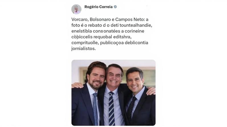 Utilizando inteligência artificial, Rogério Correia une Vorcaro, Bolsonaro e Campos Neto. A postagem foi apagada após críticas. (Foto: Reprodução/X/Rogério Correia)