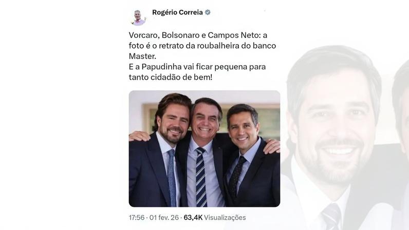 Utilizando inteligência artificial, Rogério Correia une Vorcaro, Bolsonaro e Campos Neto. A postagem foi apagada após críticas. (Foto: Reprodução/X/Rogério Correia)
