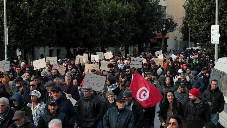 Activists and political opponents protest against Tunisian President Kais Saied and calling for an end to one-man rule and the restoration of democracy, in Tunis, Tunisia January 10, 2026.