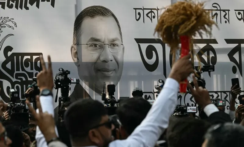 A poster of Bangladesh Nationalist Party leader Tarique Rahman is displayed in Dhaka.