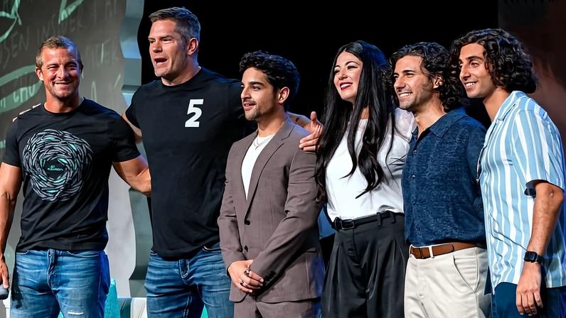 Bear Grylls with Dallas Jenkins and a few other cast members of The Chosen