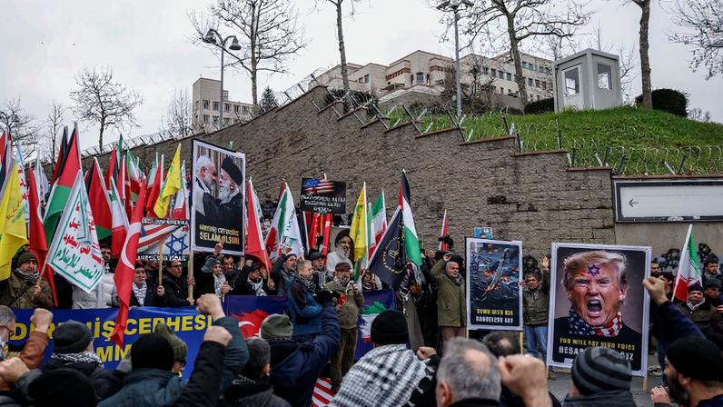 Demonstrators gather outside the U.S. Consulate General to show their solidarity with the Iranian people, amid recent tensions between the United States and Iran, in Istanbul, Turkey, February 1, 2026.