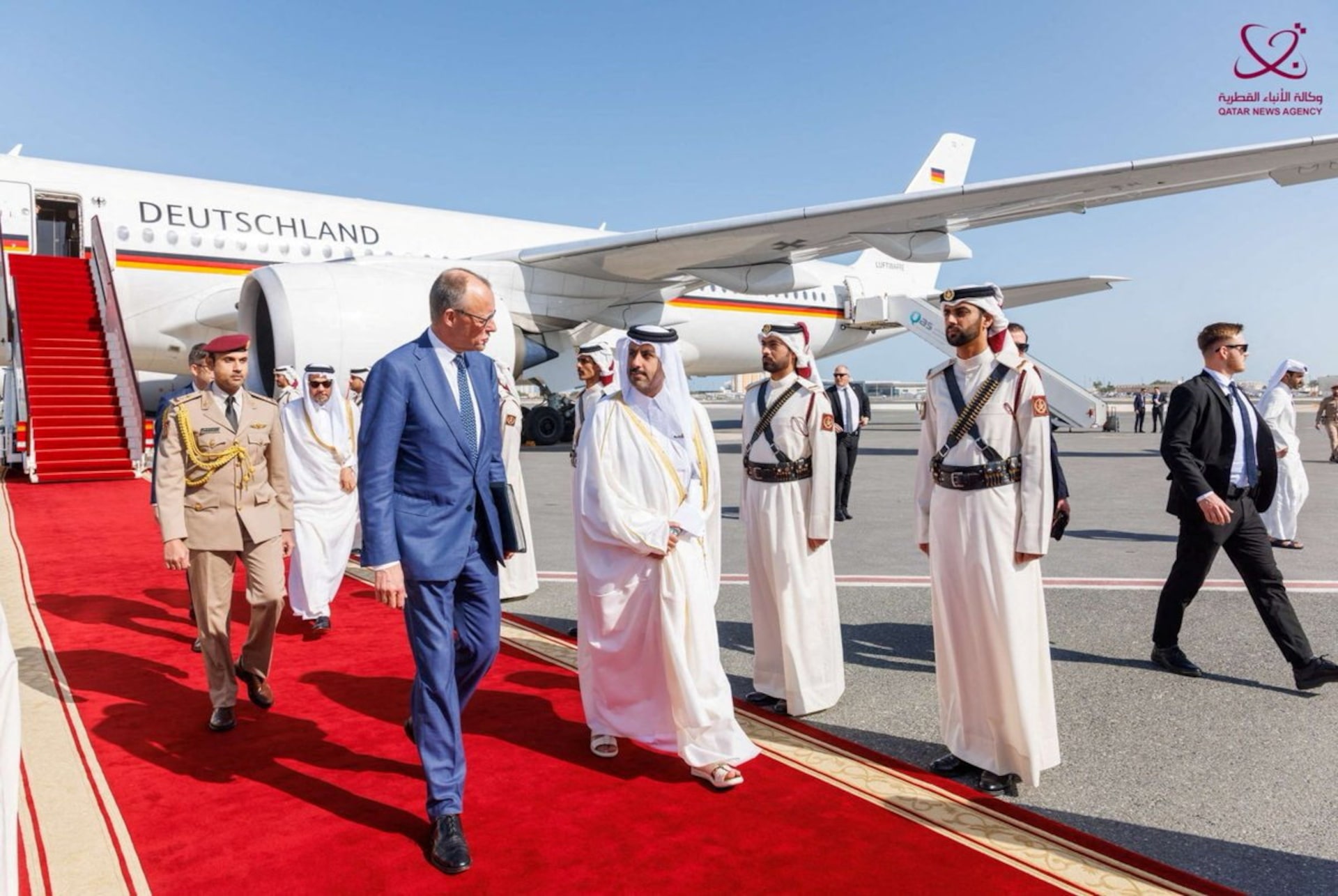 Qatar's Officials receive German Chancellor Friedrich Merz, in Doha, Qatar, February 5, 2026. Qatar News Agency/Handout via REUTERS