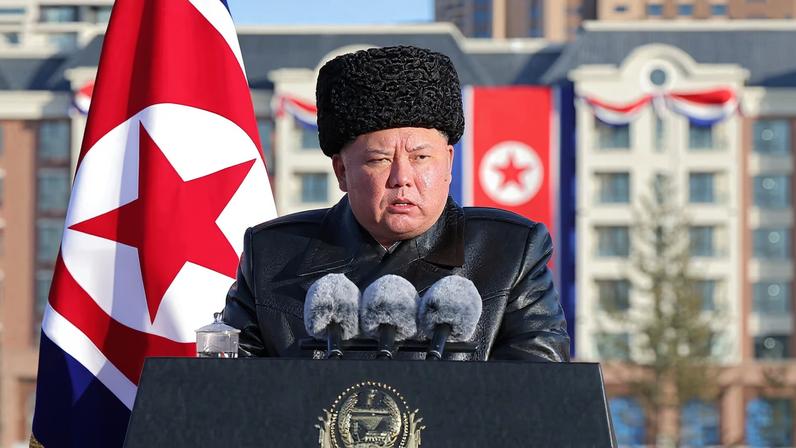 North Korean leader Kim Jong Un presides over the completion ceremony of a new housing district in Pyongyang for families of troops who died in overseas military operations