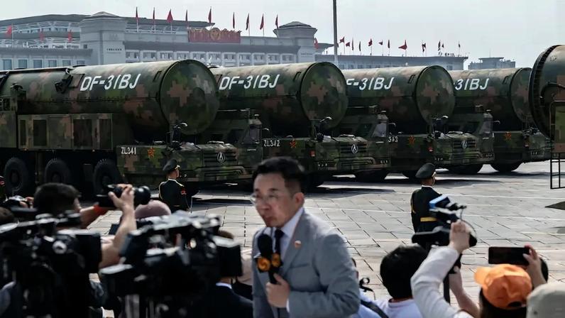 Nuclear capable DF-31BJ ballistic missiles are unveiled during a military parade marking the end of World War II in the Pacific in Beijing on Sept. 3, 2025.