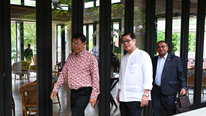 Thailand's Foreign Minister Sihasak Phuangketkeow and Myanmar's Foreign Minister Than Swe arrive ahead of bilateral talks, to discuss the way forward in Thailand-Myanmar relations and Myanmar relations with ASEAN following Myanmar’s general election earlier this year, in Phuket, Thailand, February 18, 2026. Ministry of Foreign Affairs/Handout via REUTERS