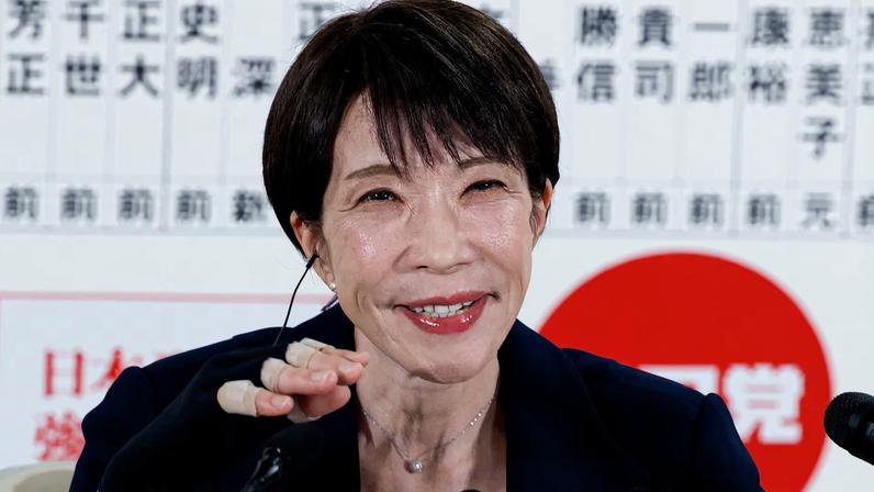 Japan's Prime Minister Sanae Takaichi, leader of the ruling Liberal Democratic Party (LDP), who has previously suffered a hand injury, speaks to the media at the LDP headquarters on general election day in Tokyo, Japan, February 8, 2026.