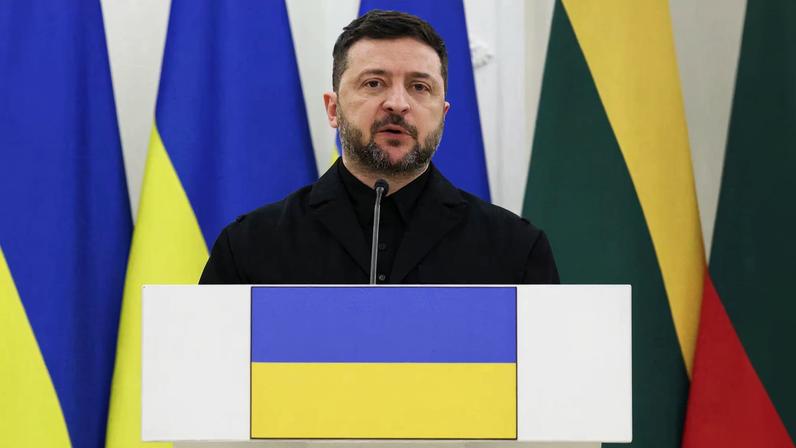 Ukrainian President Volodymyr Zelenskiy attends a press conference with Lithuanian President Gitanas Nauseda and Polish President Karol Nawrocki at the Presidential Palace in Vilnius, Lithuania, January 25, 2026.