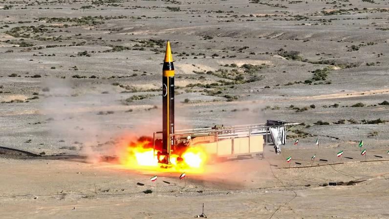 A new surface-to-surface 4th generation Khorramshahr ballistic missile called Khaibar with a range of 2,000 km is launched at an undisclosed location in Iran, in this picture obtained on May 25, 2023.