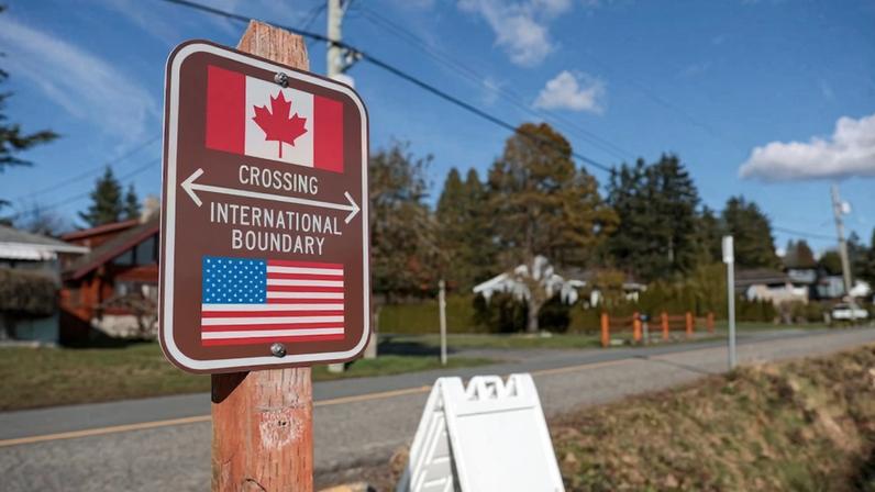 A sign marking the international border between the United States and Canada is pictured at Peace Arch Historical State Park in Blaine, Washington, on March 5, 2025.