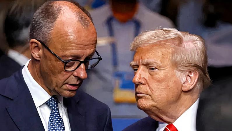 Germany’s Chancellor Friedrich Merz speaks with U.S. President Donald Trump before the start of the North Atlantic Council plenary meeting at the North Atlantic Treaty Organisation (NATO) summit in The Hague on June 25, 2025.
