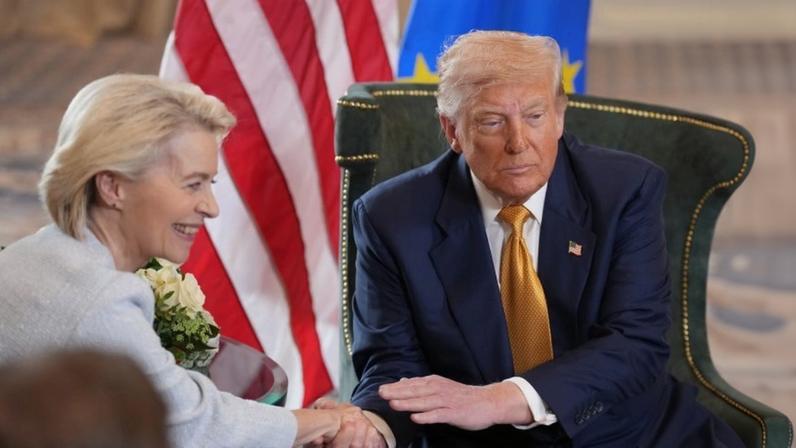 U.S. President Donald Trump and European Commission President Ursula von der Leyen shake hands as they announce a U.S.-EU trade deal in Turnberry, Scotland.