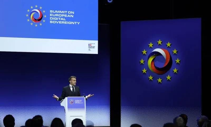 French President Emmanuel Macron speaks at the European Digital Sovereignty Summit on November 18, 2025 in Berlin.