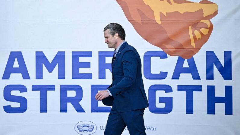 U.S. Defense Secretary Pete Hegseth arrives to speak at Blue Origin in Cape Canaveral, Florida, on Feb. 2.