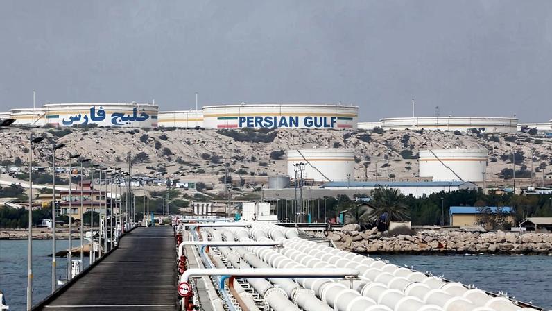 A picture taken on March 12, 2017, shows a view of an oil facility in the Khark Island, on the shore of the Gulf.