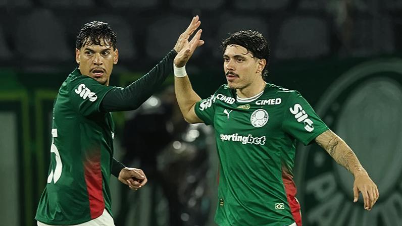 O jogador Gustavo Gómez, da SE Palmeiras, comemora seu gol contra a equipe do EC Vitória, durante partida válida pela segunda rodada, do Campeonato Brasileiro, Série A, na Arena Barueri.