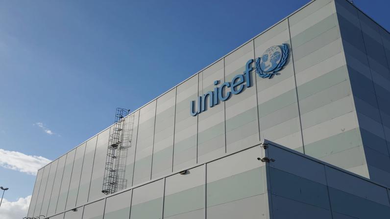 A view shows the logo on the exterior of UNICEF's humanitarian warehouse in Copenhagen, Denmark, November 15, 2023. REUTERS/Tom Little