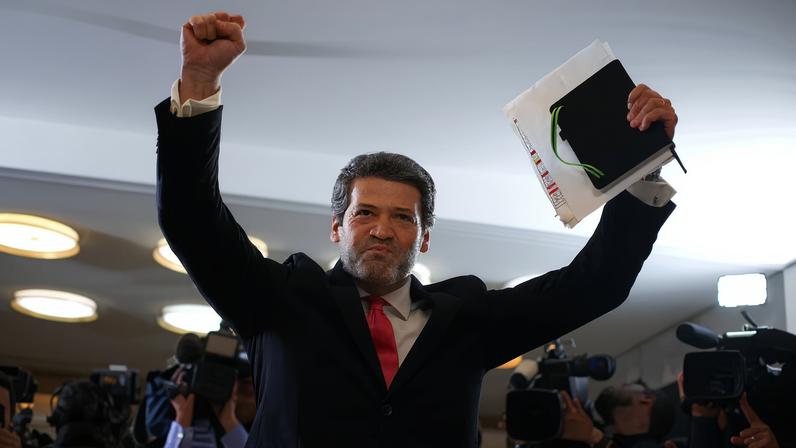 Far-right leader Andre Ventura greets supporters before a debate with Moderate Socialist Antonio Jose Seguro ahead of the presidential runoff on February 8, in Lisbon, Portugal, January 27, 2026.