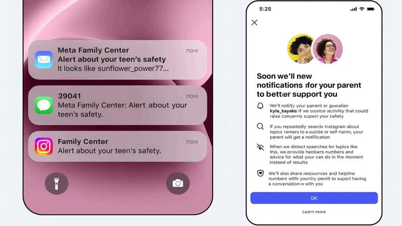 Screenshots showing examples of the alerts and updates that parents will recieve if their teen searches for self harm or suicide topics on Instagram.