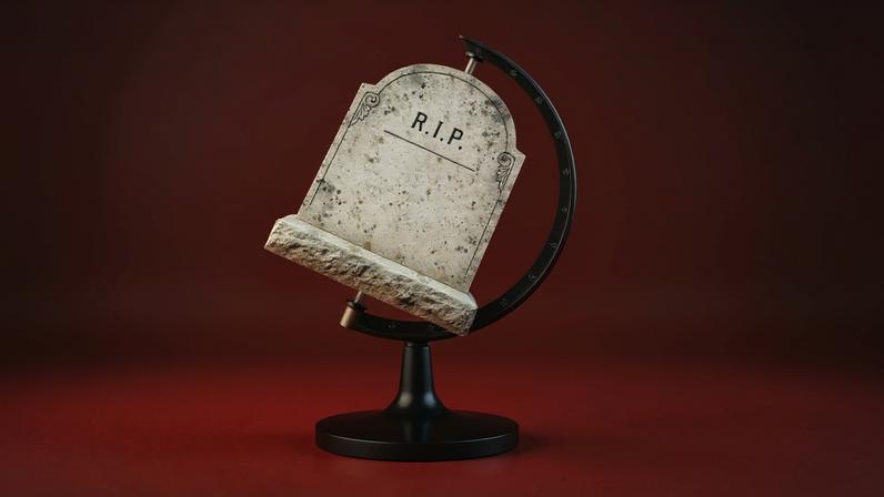 An illustration of a tombstone reading "RIP" appears in place of a globe on a circular stand.