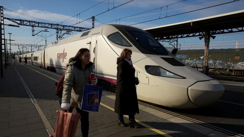 Passengers walk past a Renfe 130 series Talgo Bombardier train at Miranda de Ebro station, Spain, February 8, 2025. REUTERS/Vincent West/File Photo