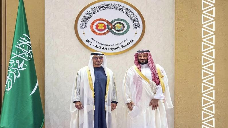 United Arab Emirates President Sheikh Mohamed bin Zayed Al Nahyan and Saudi Arabian Crown Prince Mohammed bin Salman Al Saud at the Gulf Cooperation Council and the Association of Southeast Asian Nations summit in Riyadh, Saudi Arabia, on Oct. 20, 2023.