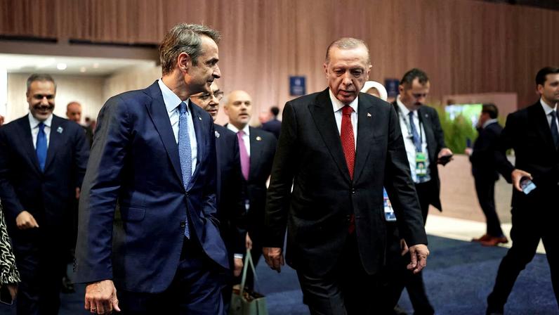 Greek Prime Minister Kyriakos Mitsotakis and Turkish President Tayyip Erdogan meet on the sidelines of NATO Summit, in Washington, United States, July 10, 2024. Dimitris Papamitsos/Greek Prime Minister's Office/Handout via REUTERS/File Photo