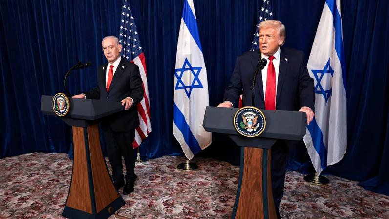 U.S. President Donald Trump and Israeli Prime Minister Benjamin Netanyahu hold a press conference after meeting at Trump’s Mar-a-Lago club in Palm Beach, Florida, U.S., December 29, 2025.