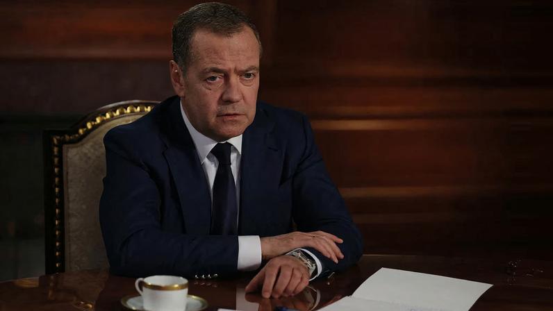 Deputy Chairman of the Russian Security Council Dmitry Medvedev attends an interview in the Moscow region