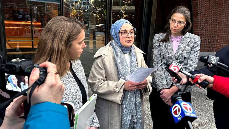 Rumeysa Ozturk, a Tufts University student from Turkey, speaks to reporters after urging a federal judge to order the Trump administration to restore her student visa record, outside the federal court in Boston.