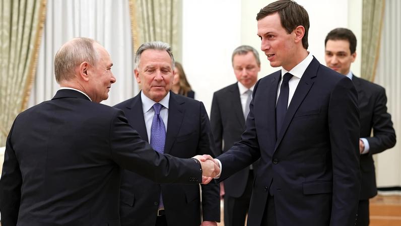Russia's President Vladimir Putin welcomes US special envoy Steve Witkoff and US President Donald Trump's son-in-law Jared Kushner during a meeting at the Kremlin in Moscow.