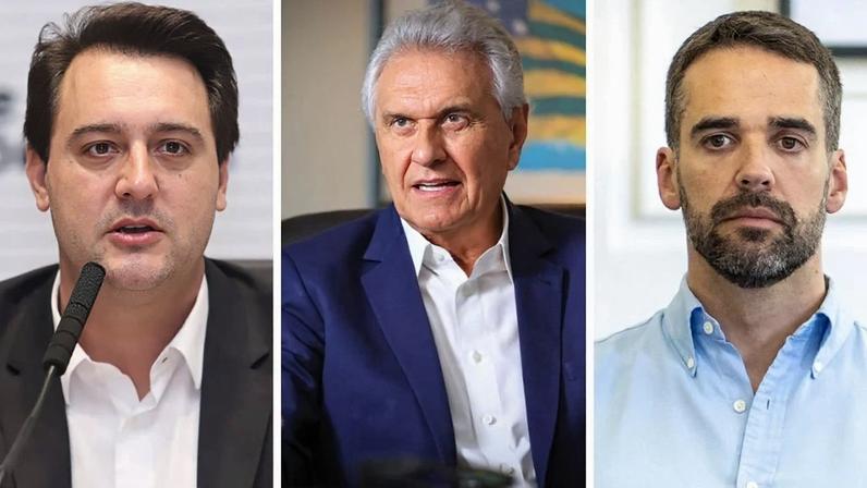 Os governadores Ratinho Jr. (Paraná), Ronaldo Caiado (Goiás) e Eduardo Leite (Rio Grande do Sul), todos do PSD. Fotos: Rodrigo Felix Leal/ANPr, Secom-GO/Divulgação e Maurício Tonetto/GOVRS