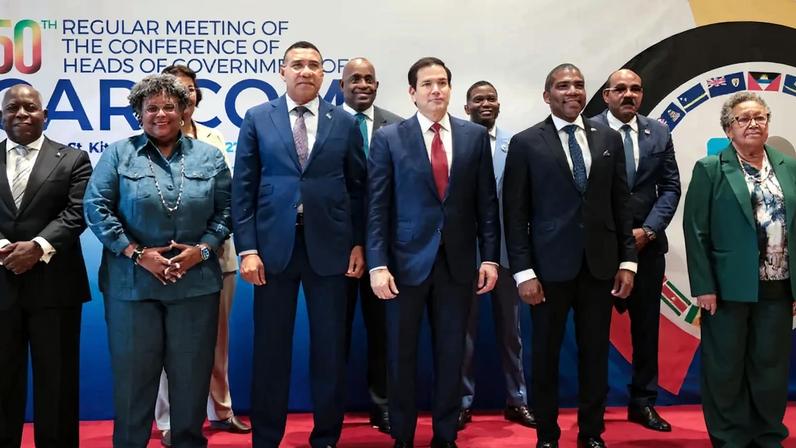 U.S. Secretary of State Marco Rubio participates in a family photo with Caribbean Community heads of government.