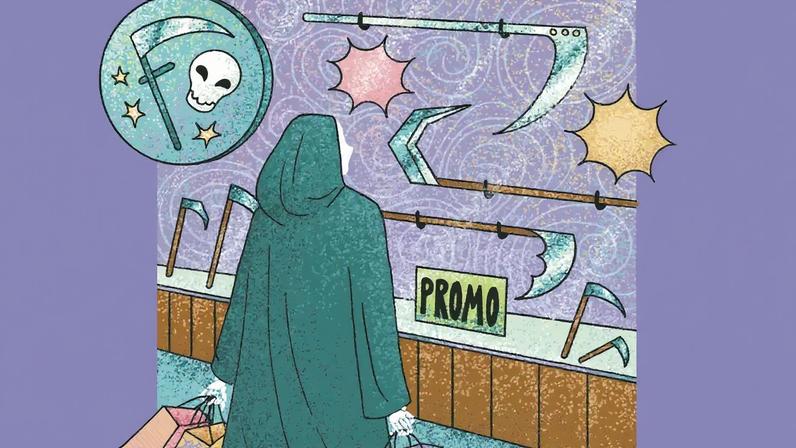 Ilustração cômica da morte, segurando sacolas, diante de uma vitrine de loja de foices.
