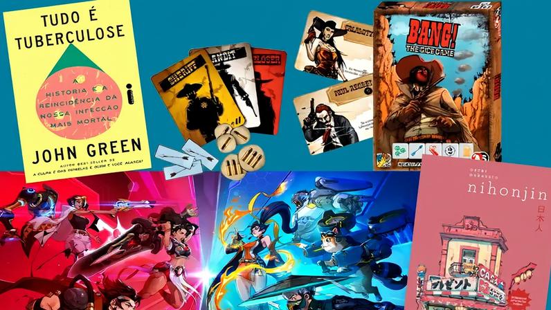 Colagem, em fundo verde, com os livros Tudo é tuberculose, Nihonjin, e com os jogos Overwatch e Bang!